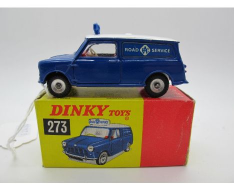 A Boxed Original Dinky #273 Mini Minor Van 'RAC', blue body, white roof, red interior, silver base. Spun hubs. Model is mint,