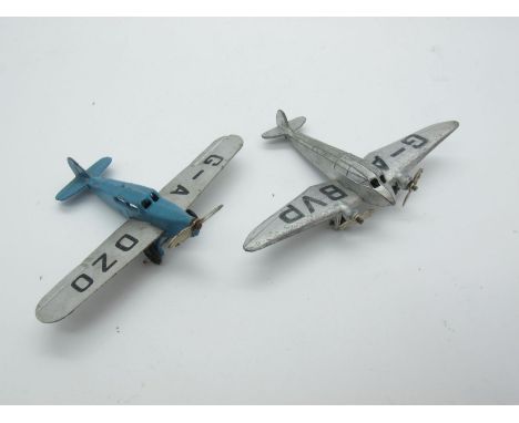 Two Original Pre-War Dinky Aircraft. #60E General Monospar, silver two piece casting body, two blade props, G-ABVP; #60K Perc