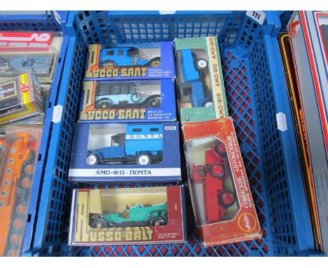 Six Boxed Russian Made 1:43rd Scale Diecast Vintage Vehicles, including AMO F15 Post Van, AMO F15 Truck in blue, AMO F15 Truc