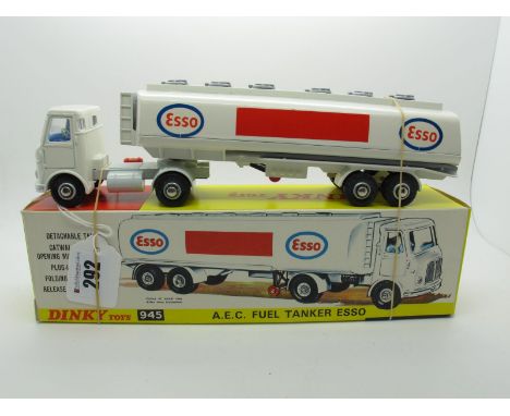 A Boxed Original Dinky #945 A.E.C Fuel Tanker 'Esso', white cab/tank, off white chassis, blue interior, chrome domed hubs, 'E