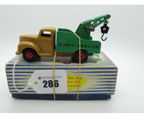 A Boxed Original Dinky #430 Commer Breakdown Truck, tan cab, mid green back, red hubs, black Dinky Service logo, metal hook. 