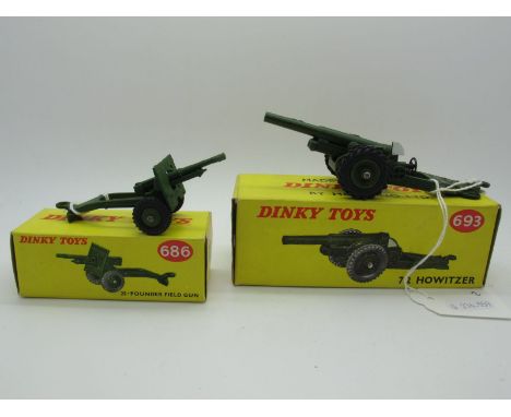 A Boxed Original Dinky #693 7.2 inch Howitzer, matt drab olive, cast draw bar, together with a boxed #686 twenty five pounder