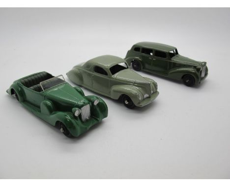 Three Original Dinky Model Cars, #39A Packard Super Eight Tourer, olive green body, black ridged hubs, silver details, #39C L