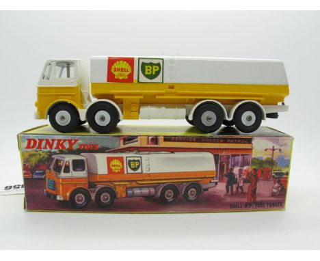 Dinky Toys No.944 - 'Shell - BP Fuel Tanker', with windows, white/yellow cab and body, white chassis, grey plastic hubs. Over