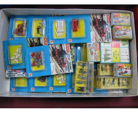 Twenty One Boxed and Carded Merit 'OO' Gauge Railway Lineside Accessories, including people, lamps, signs, luggage, fog man, 