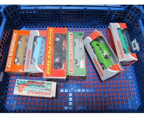 Seven Boxed Russian 1:43rd Scale Die Cast  Cars . All different including Gaz 3102, Moskivitch 412, 427, 403 and 12H combi