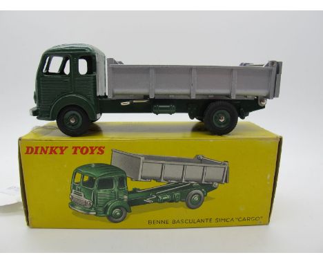 A Boxed Original French Dinky #578 Simca Cargo Tipper Truck, dark green/silver, dark green convex hubs, silver details, spare