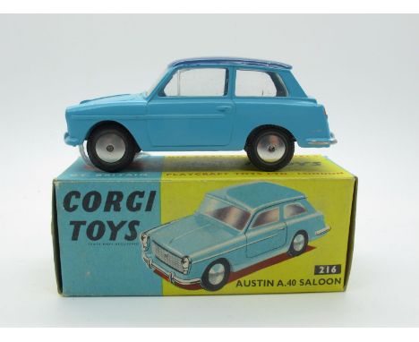 A Boxed Original Corgi #216 Austin A40 Saloon, two tone blue body, flat spun hubs, silver detailing. Model is mint, box very 