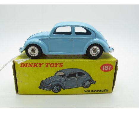 A Boxed Original Dinky #181 Volkswagen Beetle, light blue body, spun hubs, silver details, unpainted base, number plate and R