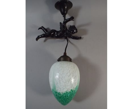 A Ceiling Hanging Light Fitting with Cherub Motif and Coloured Glass Shade 