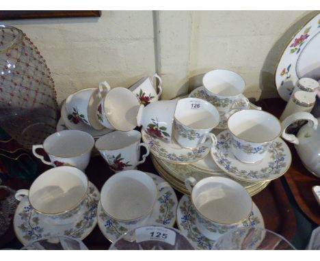 A Tray Containing Rose Pattern Teawares, Autumn Vine Pattern Teawares and Dinner Plates