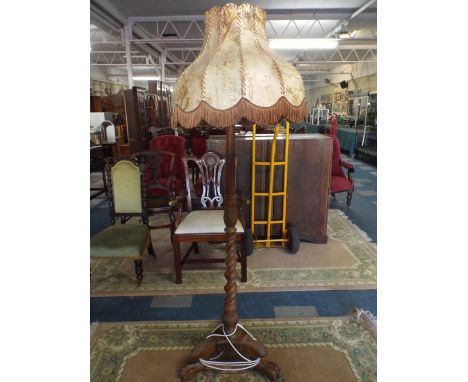 An Edwardian Turned Wooden Standard Lamp with Tripod Base Having Carved Claw and Ball Feet, Barley Twist and Reeded Support a