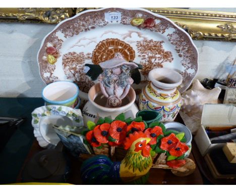 An Oval Turkey Meat Plate, Decorated Vases, Ceramic Photo Frame, Cockerel Ornament Etc