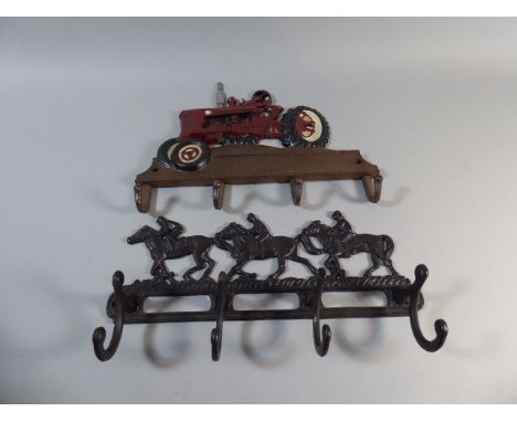 Two Cast Metal Wall Hanging Coat Hangers Decorated with Tractor and Race Horses (Plus VAT) 