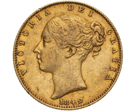 UNITED KINGDOM. Victoria, 1837-1901. Gold sovereign, 1842. London. Closed 2. First young head of Victoria facing left, hair t