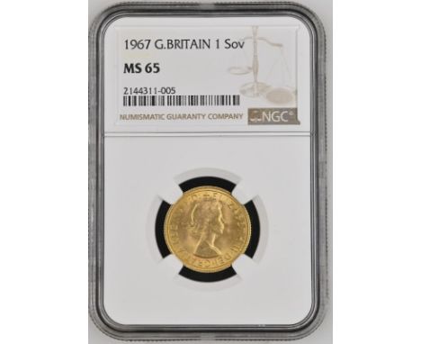 UNITED KINGDOM. Elizabeth II, 1952-2022. Gold sovereign, 1967. Royal Mint. First, laureate head of Elizabeth II facing right;