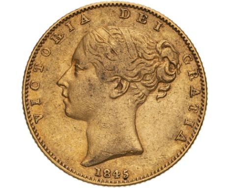 UNITED KINGDOM. Victoria, 1837-1901. Gold sovereign, 1845. London. Spread 4 5. First young head of Victoria facing left, hair