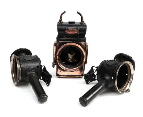 A Pair of Early 20th Century Luxor Bicycle or Tricycle Headlamps, 24cm high; and A Lucas Sentry No.C330 Oil Powered Veteran C