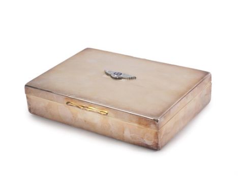 Bentley Interest: A Silver Plated Showroom or Desktop Cigar Case, with engine turned cover and Bentley enamelled winged badge
