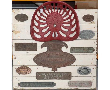 Tractor Interest: A Painted Display Board, mounted with a Bamford tractor seat and eleven name plates, including: Withers &am