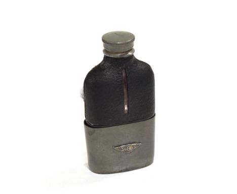 Bentley Interest: A 1920/30 Leather and Glass-Bodied Drinks Flask, with screw cap, the removable base with wing Bentley emble