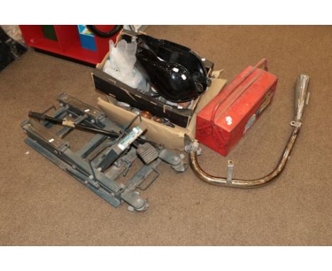 Heavy Duty Trolly Jack and Assortment of Tools and Motorcycle Parts including tank, exhaust, motorcycle indicators and batter