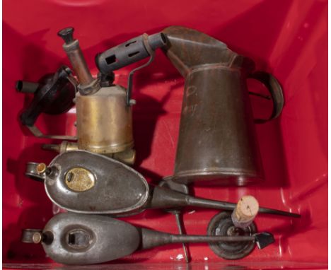 Two vintage oil cans, blow torch and an oil jug