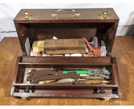 Wooden tool chest with drawer and various tools 