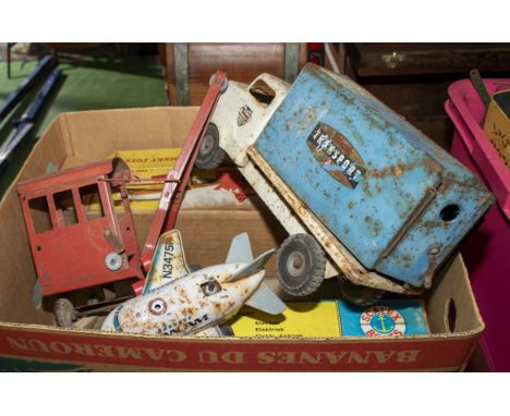 Two vintage tin plate boats, a crane, aeroplane and a truck