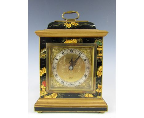 A mid 20th Century Elliott of London mantel clock, modelled as an 18th Century bracket clock in chinoiserie gilt lacquer case