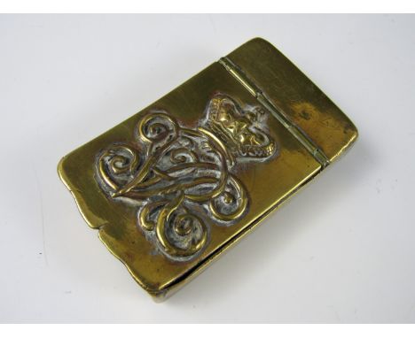 A Victorian brass snuff box incorporating a royal cipher badge and naively inscribed Sgt J Stone, 1st / 22