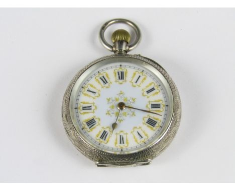An Edwardian lady's silver fob watch having crown-wound pin-set movement and gilt-enriched enamel face, in floral-engraved ca