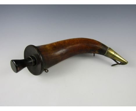 A late 19th / early 20th Century British military gunner's powder horn, the plug stamped with a Board of Ordnance mark, 33 cm