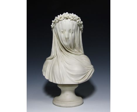 A Copeland Parian bust, The Veiled Bride, inscribed R Monte, 1861, the socle impressed Crystal Palace Art Union, 37 cm