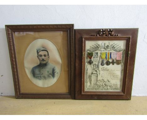 A framed Great War French medal group comprising Croix de Guerre, Medaille Militaire, Allied Victory Medal, Combatant's Cross