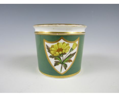 An early 19th Century Spode pot, of subtly tapering form with moulded rim, decorated with a hand enamelled yellow daisy withi