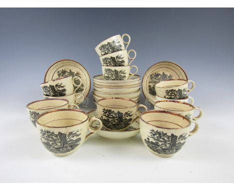 A group of early 19th Century bat-printed pink lustre tea wares comprising 12 cups with saucers, each decorated with vignette
