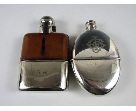 A Victorian electroplate hip flask of oval form with cup, together with one other flask