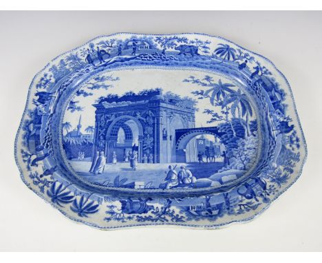 An early 19th Century Spode Caramanian series meat dish and draining ashette pair, each of shaped oblong form and transfer pr