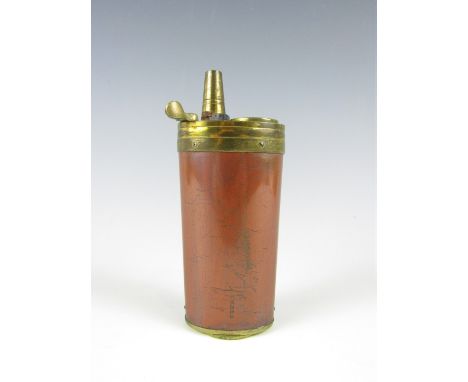 A Victorian copper and brass combination pistol powder, shot and cap flask by Sykes, 11.5 cm