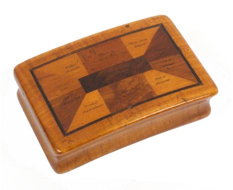 A Scottish specimen woods sycamore wooden hinge snuff box, of rectangular curved form with inward curving sides, the lid with