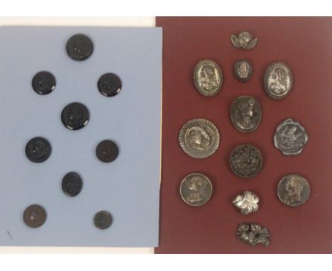 Buttons, various, six carded displays comprising a card of nine portrait buttons, three with edge chips, largest 3cms, a card