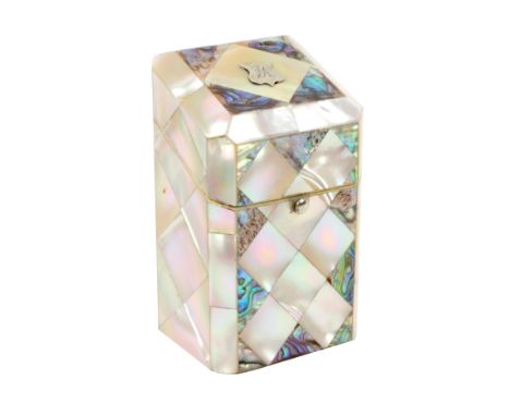 A good English mother of pearl and abalone shell Lady's Companion, circa 1840, of canted corner rectangular section, the slop