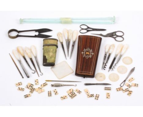 A mixed lot - sewing, comprising a damaged late 18th Century etui with silver bodkin, pencil holder and silver handled pistol