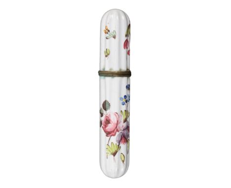 An 18th Century enamel bodkin case, of reeded cylinder form with domed ends and painted with sprays of brightly coloured flow
