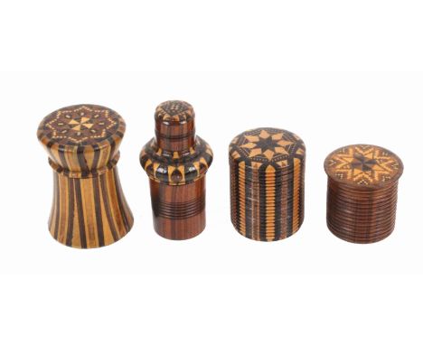 Four Tunbridge ware cylinder boxes, comprising a rosewood and stick ware scent bottle case complete with glass scent and stop