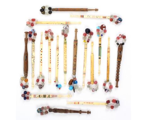 Eighteen wooden and bone lace bobbins, thirteen in bone comprising ten spot inscribed with names - John x 6 / Richard / Lydia