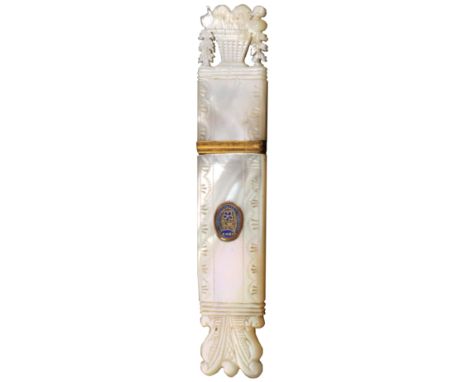 A rectangular mother of pearl Palais Royal needle case, the body with engraved borders and one side inset with a gilt metal a