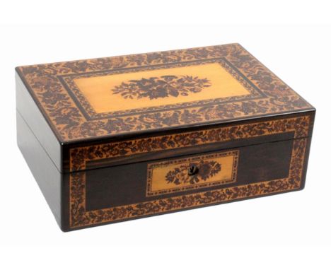 A good coromandel wood Tunbridge ware writing box, of rectangular form, the front with a mosaic panel of flowers incorporatin