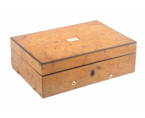 A complete Palais Royal musical sewing box, circa 1840, the rectangular burr elm box with inset rectangular tablet to lid, ed